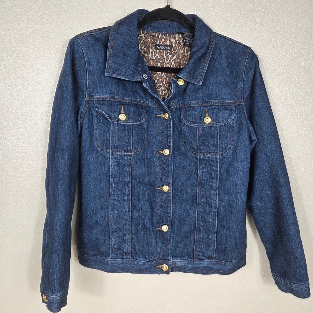 Willi Smith Denim Jacket Women's M Leopard Lined Gold Buttons Y2K Style